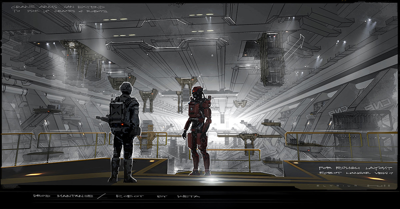 Illustration for article titled Breathtaking Concept Art of Elysium's Spaceship Hangar and Robot Deck